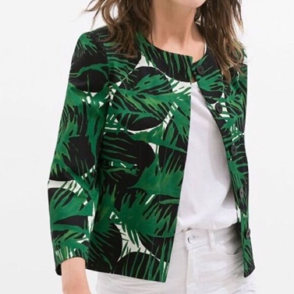 ZARA PALM LEAVES PRINT CROPPED BLAZER - JACKET - Picture 1 of 8